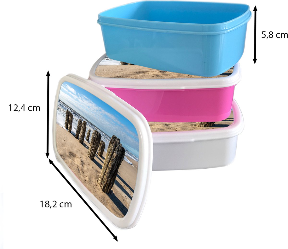 Broodtrommel Blauw - Lunchbox Zand - Strand - Paal - Water - Zomer - Brooddoos 18x12x6 cm - Brood lunch box - Broodtrommels voor kinderen en volwassenen