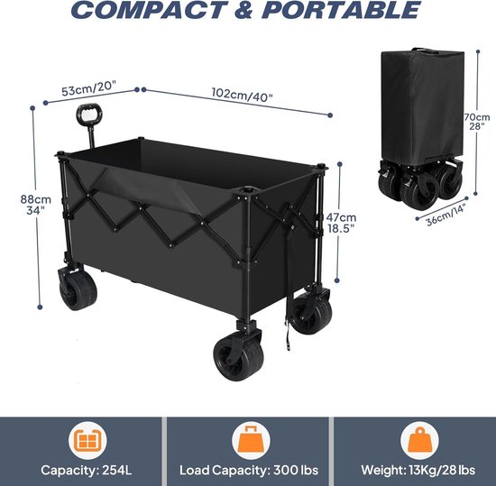 Inklapbare handwagen voor tuin en strand - 254L capaciteit - All-terrain wielen - Draagbare bolderkar met oversized zijvak en 2 bekerhouders van Sekey — afbeelding 5