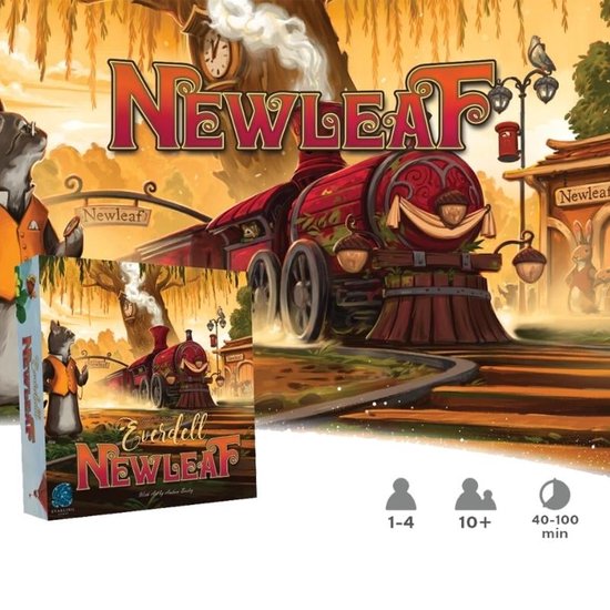 Speldoos Everdell Newleaf met kat, trein en station. Iconen voor 1-4 spelers, 10+, 40-100 min.