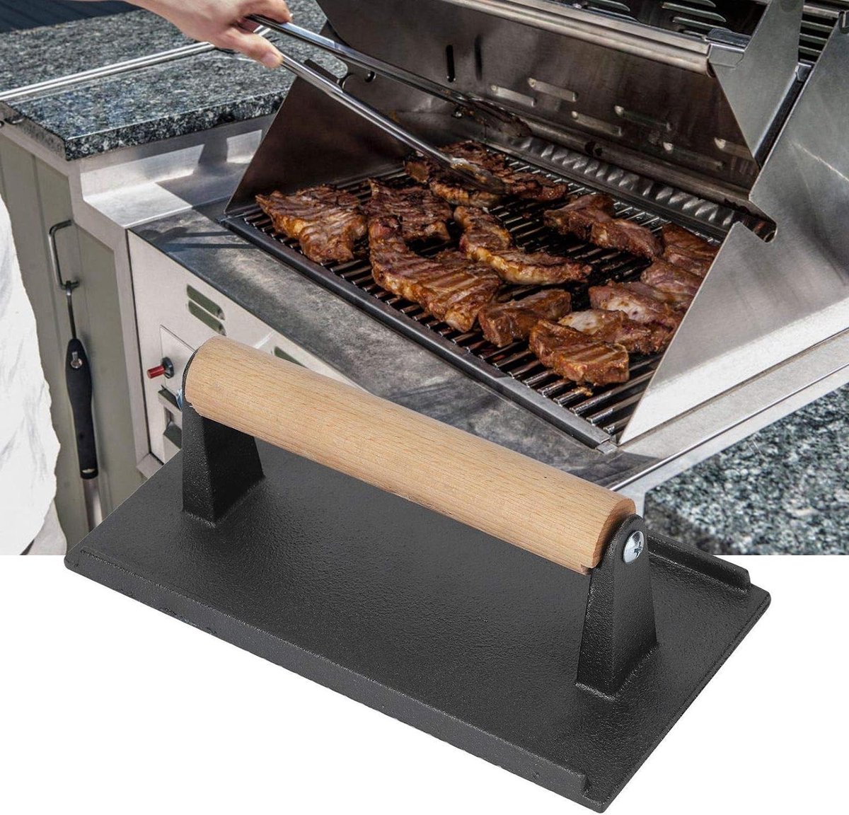 Gietijzeren Pers - Vleespers Hamburgerpers - Perfect Grillen - Gelijkmatige Warmte - 21 x 108 cm - Zwart