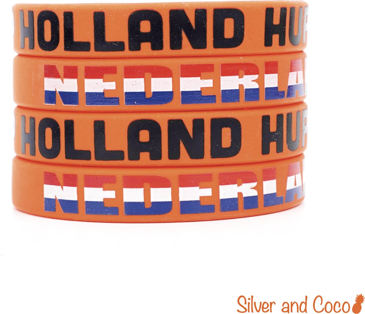 SilverAndCoco® - Hup Holland Hup Oranje Siliconen Armbandjes | Nederlands Elftal Armbandje Versiering Bandje | WK Voetbal 2026 EK Silicone Sieraad Decoratie Nederland | Kinderen Volwassenen | Olympische Spelen Nederlandse Vlag Polsbandjes - 4 stuks