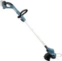 Turquoise Makita grastrimmer met rechte schacht en gebogen handgreep.