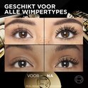 Vier close-ups van ogen met mascara, voor en na, op verschillende huidtinten.