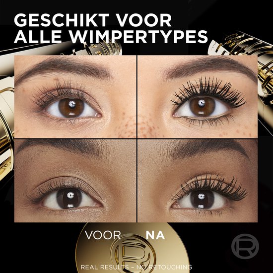 Vier close-ups van ogen met mascara, voor en na, op verschillende huidtinten.
