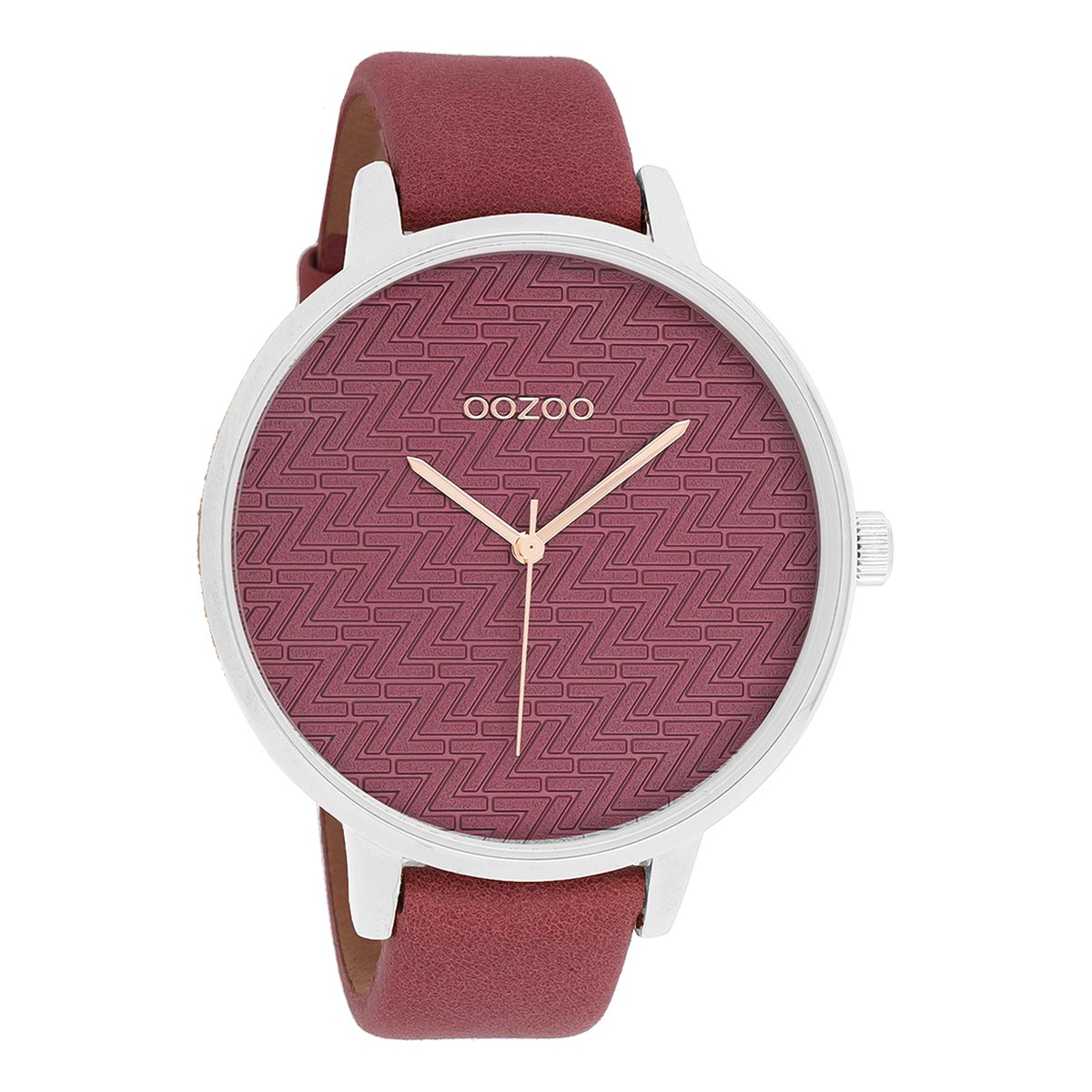 OOZOO Timepieces - Zilverkleurige horloge met bordeaux rode leren band - C10408