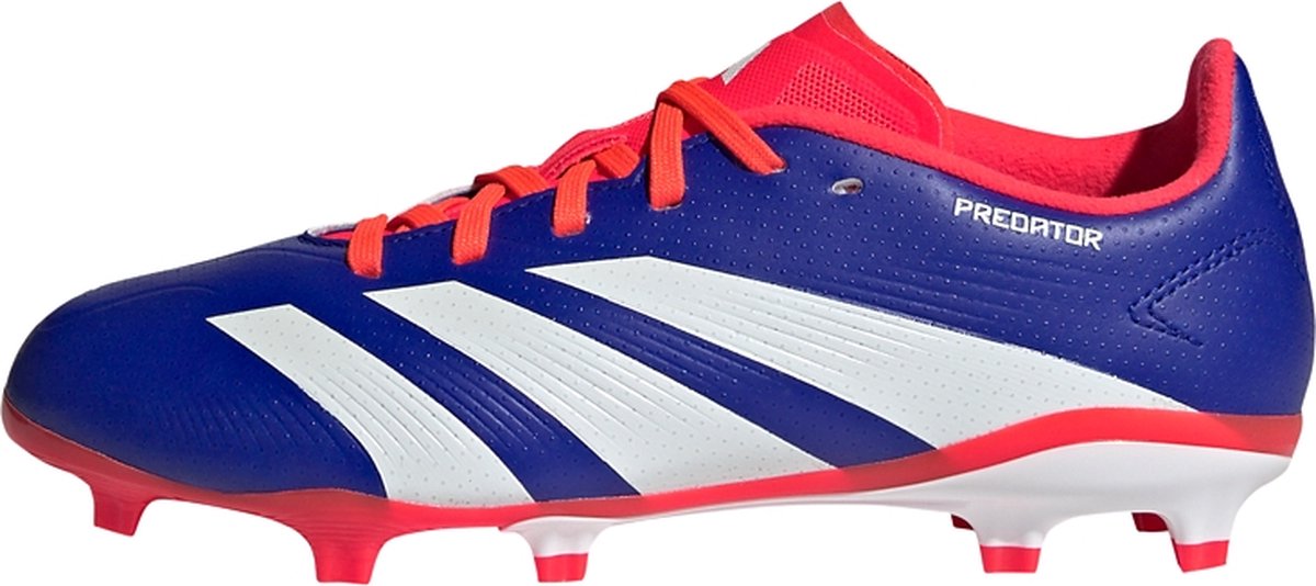 Blauwe adidas Predator League voetbalschoenen voor kinderen, maat 28, met 3D-textuur en opvallende rode accenten.