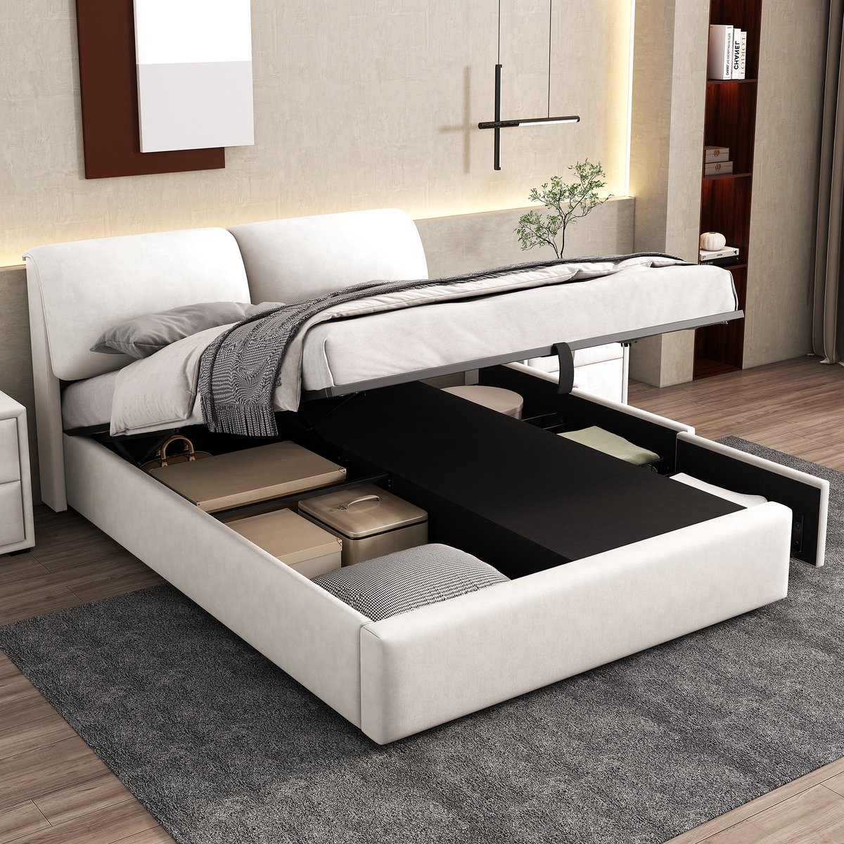 Sweiko Gestoffeerd bed, 140*200cm, hydraulisch bed, drie laden, opbergdoos, lattenbod met hoofdeinde, zonder matras, fluweel, Wit