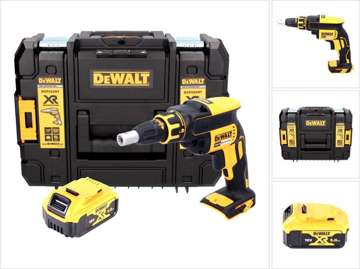 DeWalt DCF 620 NT accu-schroevendraaier voor gipsplaten 18 V 30 Nm borstelloos + 1x accu 5,0 Ah + TSTAK - zonder oplader