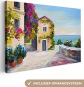 Canvas - Schilderij - Huis - Bloemen - Verf - Oil painting - Muurdecoratie - 180x120 cm - Wanddecoratie