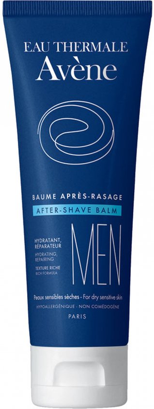 Donkerblauwe tube met witte dop, met witte tekst en een cirkelvormig logo voor Avène Men Aftershave Balsem.