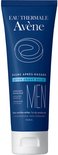 Donkerblauwe tube met witte dop, met witte tekst en een cirkelvormig logo voor Avène Men Aftershave Balsem.