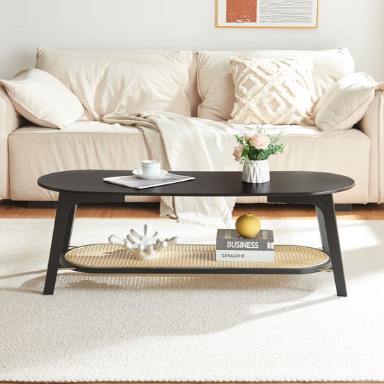 Table basse Taivalkoski 120x43x40 cm avec étagère noir et aspect rotin [en.casa]