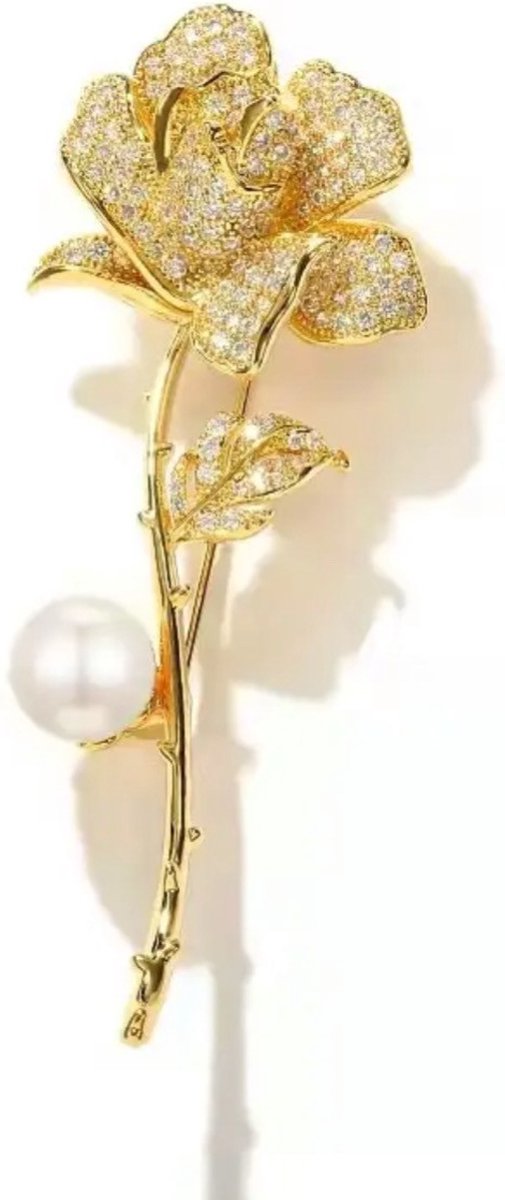 Borasi Roos Broche Met Parel | Goudkleurig | Parel | RVS | Hoogwaardig Roestvrij Staal | Bruiloft | Cadeau Voor Haar | Moederdag Cadeau | Broches | Dames Broche | Dames Sieraden | Vrouwen Sieraden | Elegante Look | | Kerstcadeau | Black Friday