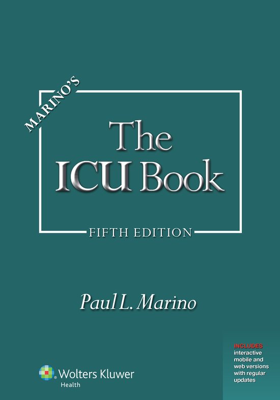 La couverture de "Marino's The ICU Book, Cinquième Édition" par Paul L. Marino. Inclut le logo Wolters Kluwer Health et des informations sur les versions numériques.