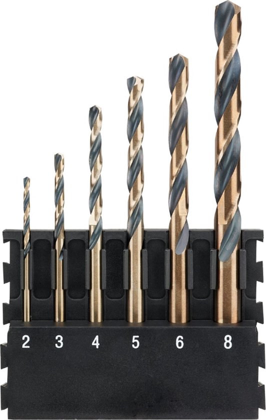 Support Accessoires de vêtements pour bébé DeWalt + forets à métal à tige ronde noir et or | 6 pièces | 2 mm, 3 mm, 4 mm, 5 mm, 6 mm, 8 mm - DT70828-QZ