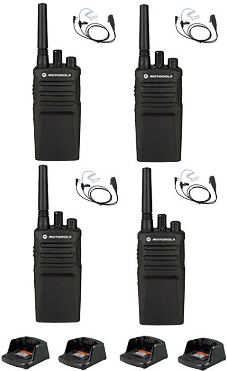 Set van 4 Motorola XT420 UHF IP55 PMR446 Portofoon met laders en beveiliging oortje M1 2-pins