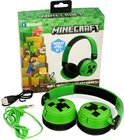 Groene en zwarte Minecraft draadloze koptelefoon, opvouwbaar, met Creeper-print, inclusief kabels.