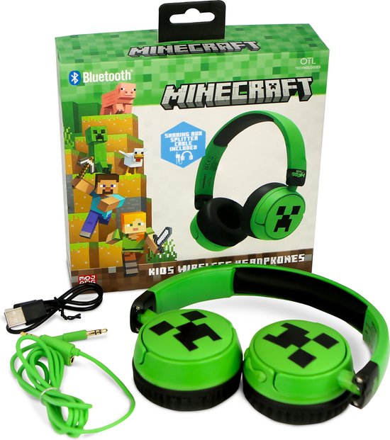 Groene en zwarte Minecraft draadloze koptelefoon, opvouwbaar, met Creeper-print, inclusief kabels.