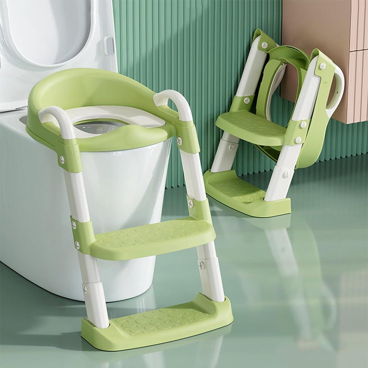 Goedkoopste Inklapbare toiletbril verloopstuk met ladder voor kinderen - in hoogte verstelbare wc-ladder met handvat en brede treden voor comfortabele zitting (groen) Toiletbril voor kinderen