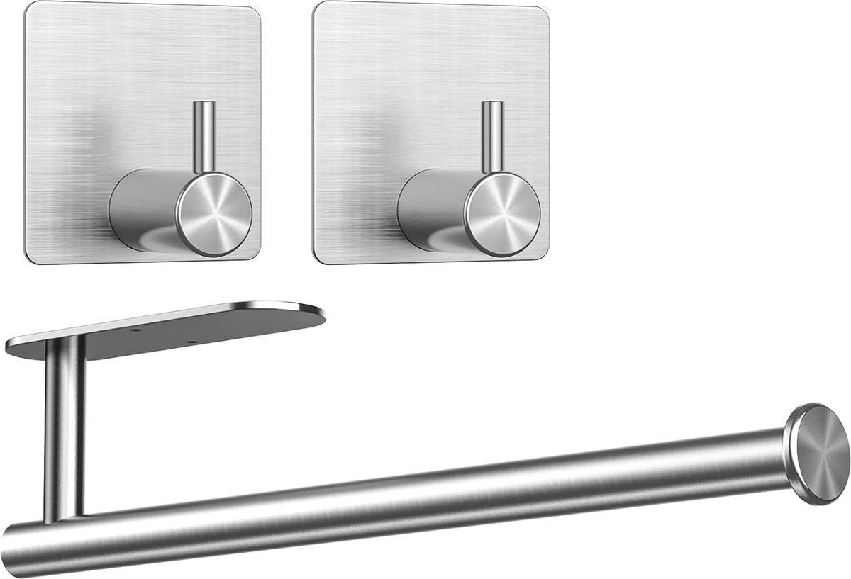 keukenrolhouder zonder boren met 2 zelfklevende haken, RVS houder voor Zewa keukenrol, keukenrolhouder voor wand en onder keukenkasten (zilver)
