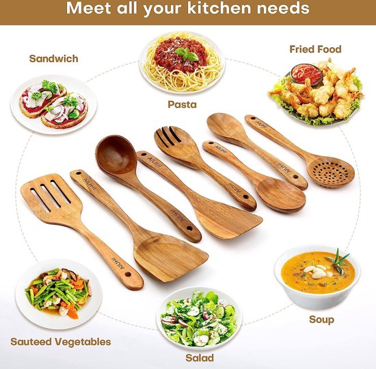 Ensemble Ustensiles De Cuisine En Bois D'Acacia – 7 Pièces Avec Support Et Repose Cuillère | Pour Poêles Antiadhésives Et Cuisine Saine