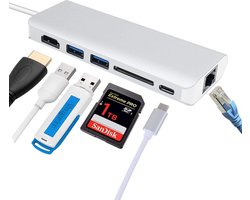 USB C-hub 6-in-1 type C – adapter met 1Gbps RJ45 Ethernet-poort, 4K HDMI, 2 USB 3.0, SD-kaartlezer, 60W PD-oplaadpoort Geschikt voor: MacBook Pro/Air en USB C Windows-laptops