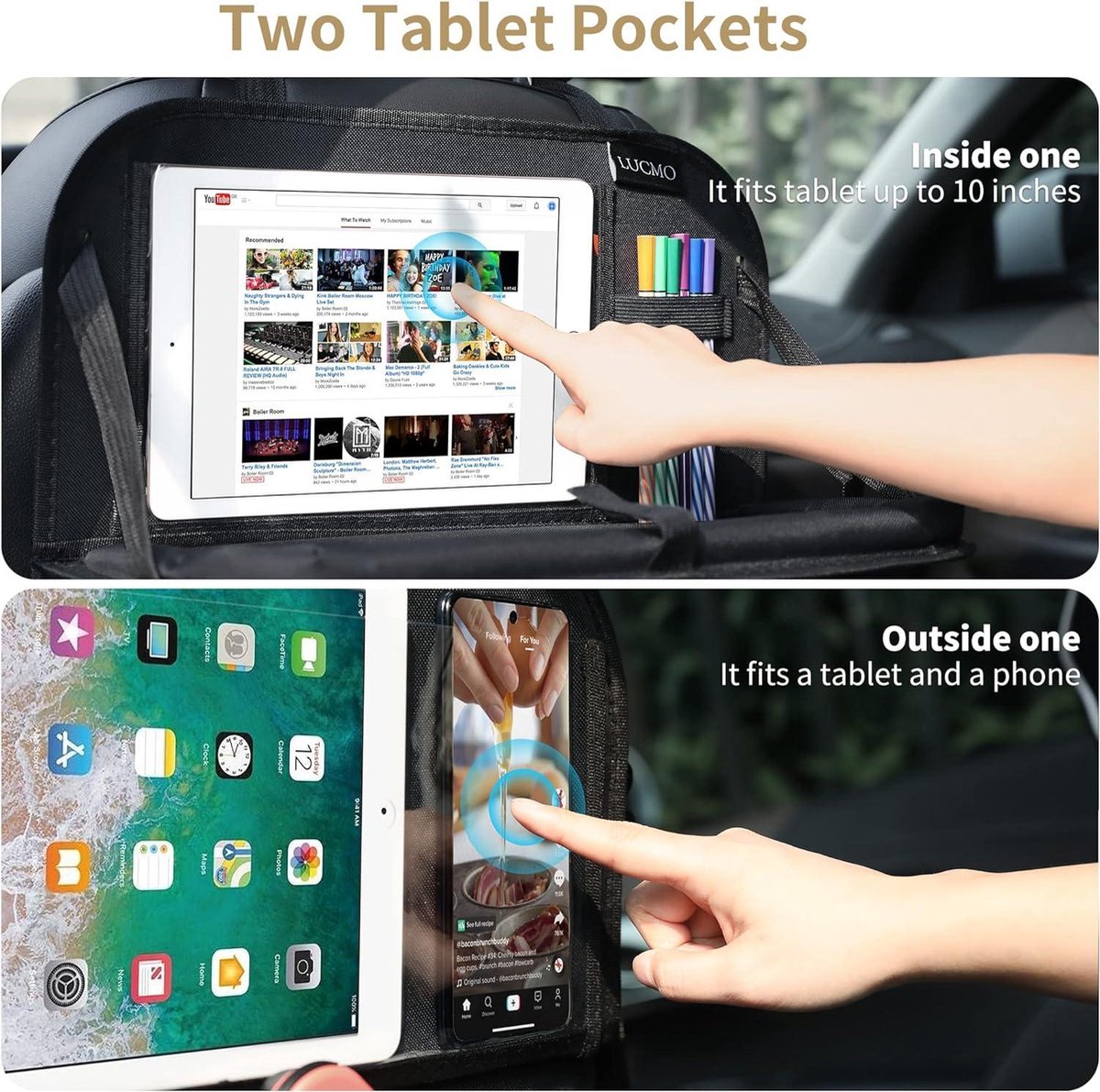 Autostoelorganizer achterbank-organizer met tablet- en telefoonopslag - waterdicht - multifunctioneel - autotas voor kinderen met LUCMO reistafel – foto 2