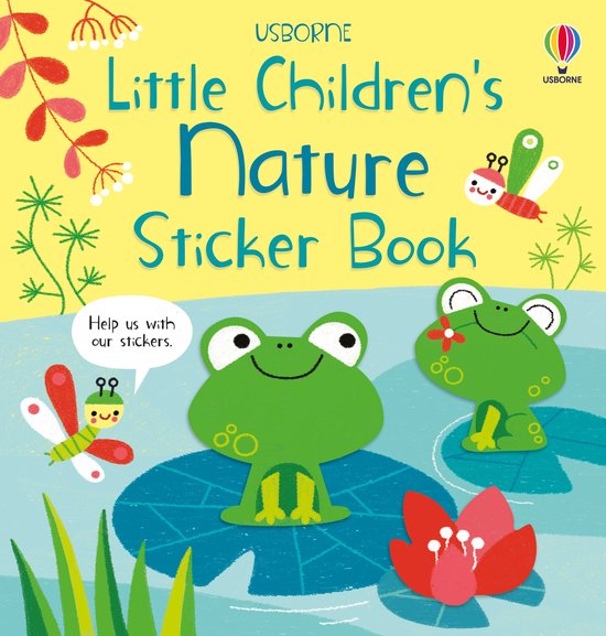 Omslag van 'Little Children's Nature Sticker Book'. Twee kikkers en een lieveheersbeestje op waterlelies.