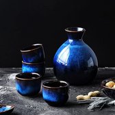 Fine Asianliving Sake Set Giftbox Blauw Handgemaakt - Hiraya Set/5 Japanse Sake Set Sake Servies Sakefles Sake kopjes