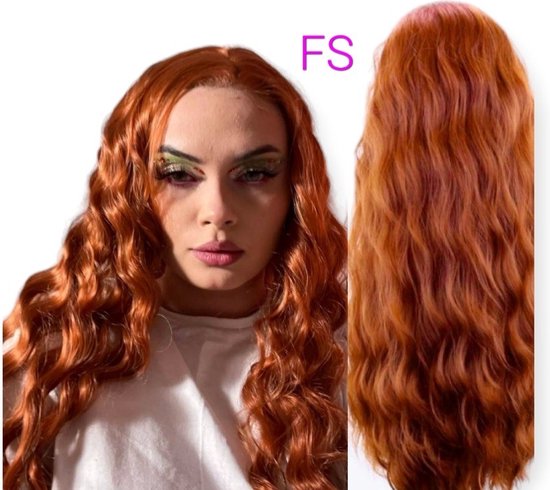 Foto: Frazimashop kleur oranje pruik hittebestendige pruiken dames lang krullen haar front lace wig 13x4 hoge kwaliteit synthetische pruik 65 cm