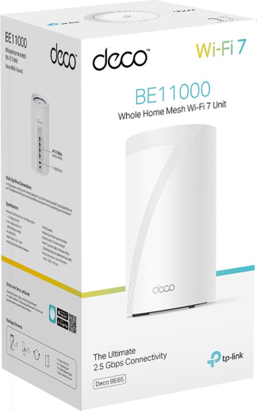 Verpakking van de Deco BE11000 Whole Home Mesh WiFi 7 Unit met afbeelding van de router.