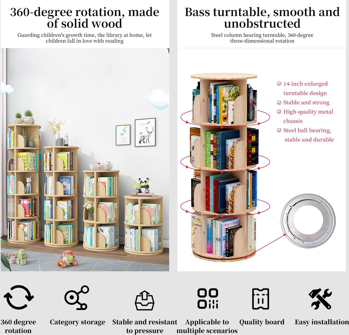 YITAHOME Rotating Bookcase, 30 x 30 x 145 cm, Room Divider, Standing