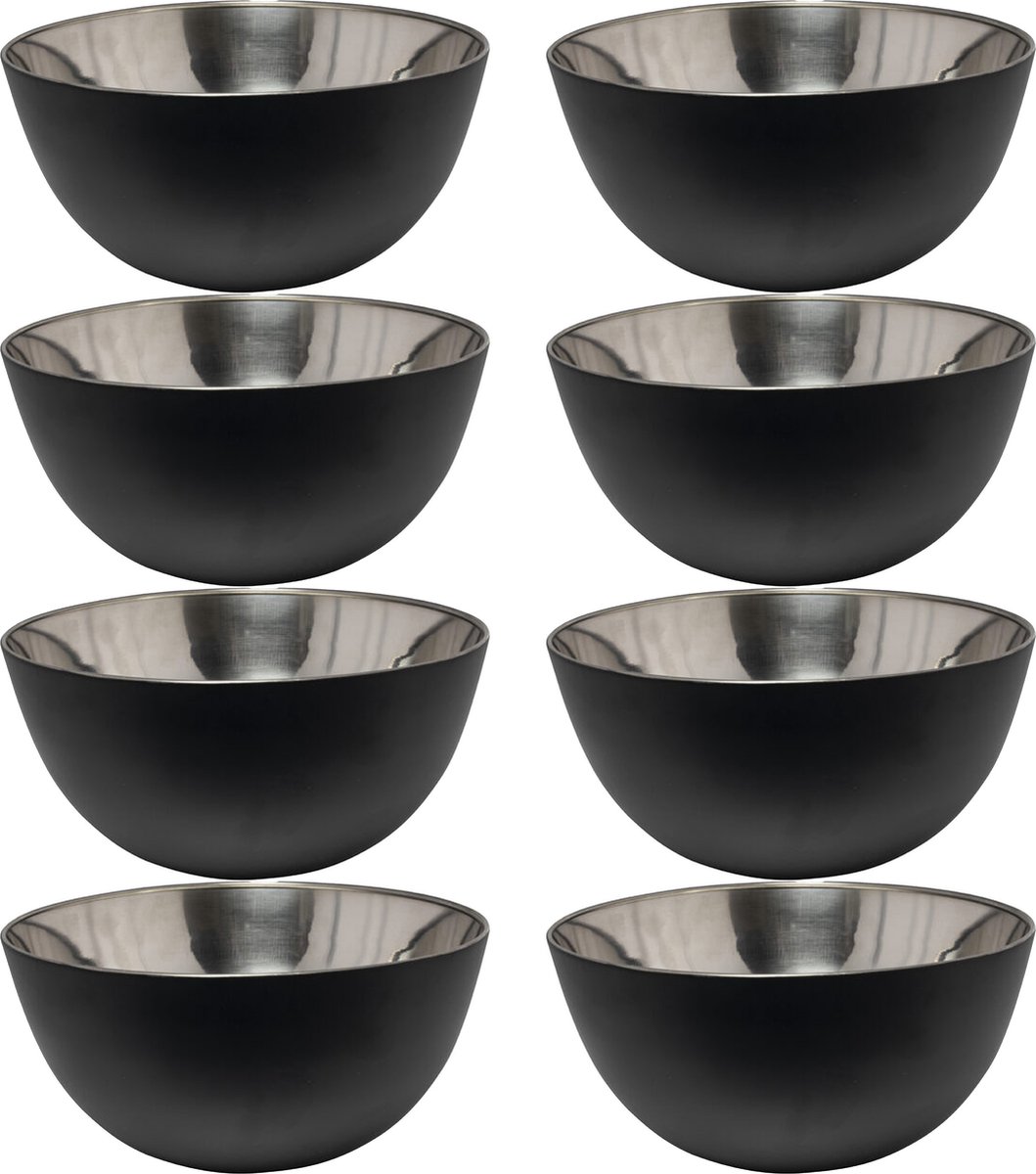 Svenska Living - 8x - Kommetjes/schaaltjes - mat zwart - RVS - D13 x 7 cm - serveerschalen