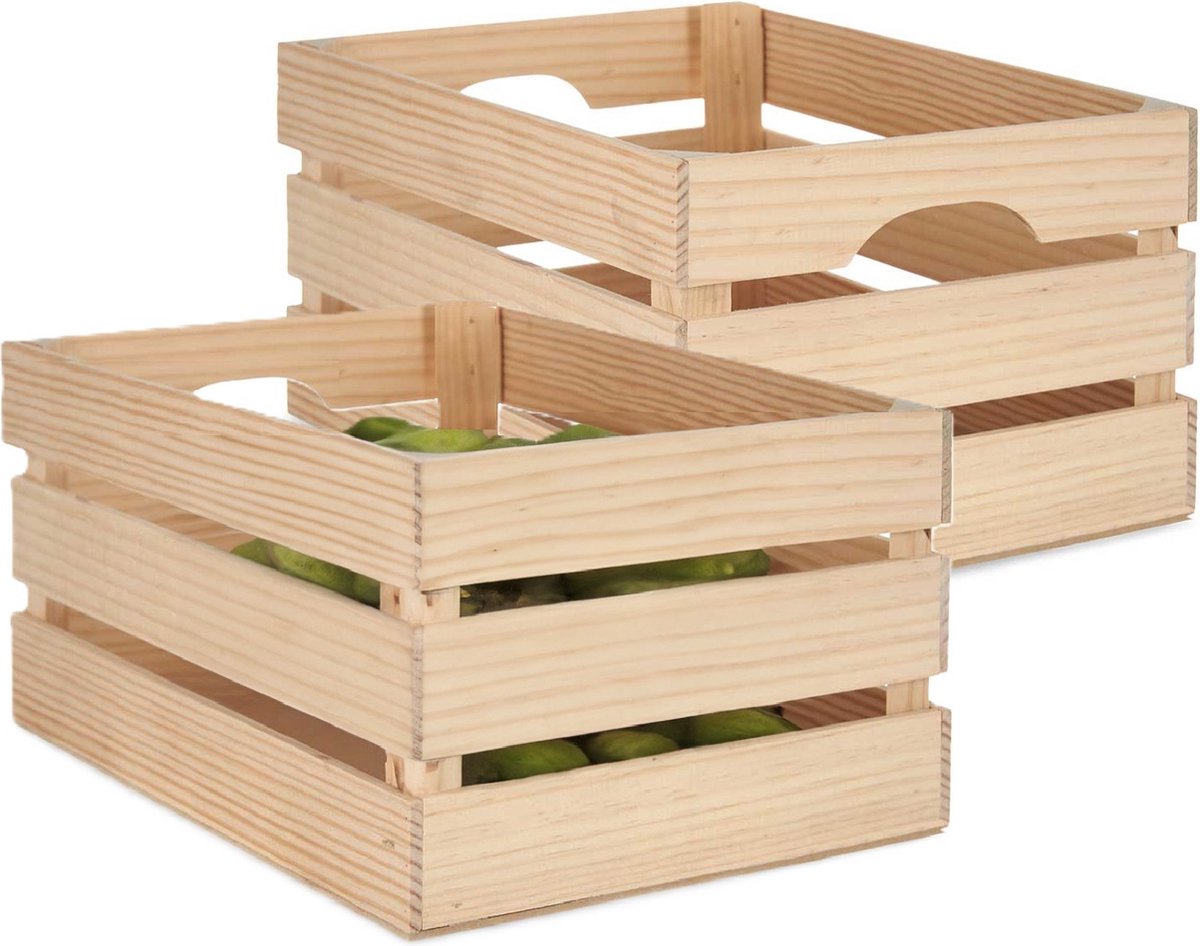 Giftdecor fruitkisten opslagbox - 2x - open structuur - naturel - hout - L36 x B26 x H18 cm - Decoratie huis en tuin - Kisten/kistjes