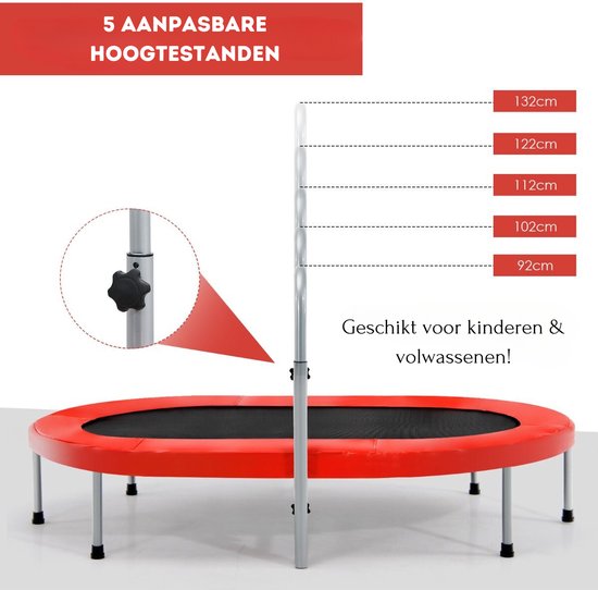 Rode trampoline met grijze verstelbare leuning en vijf hoogte-indicaties.