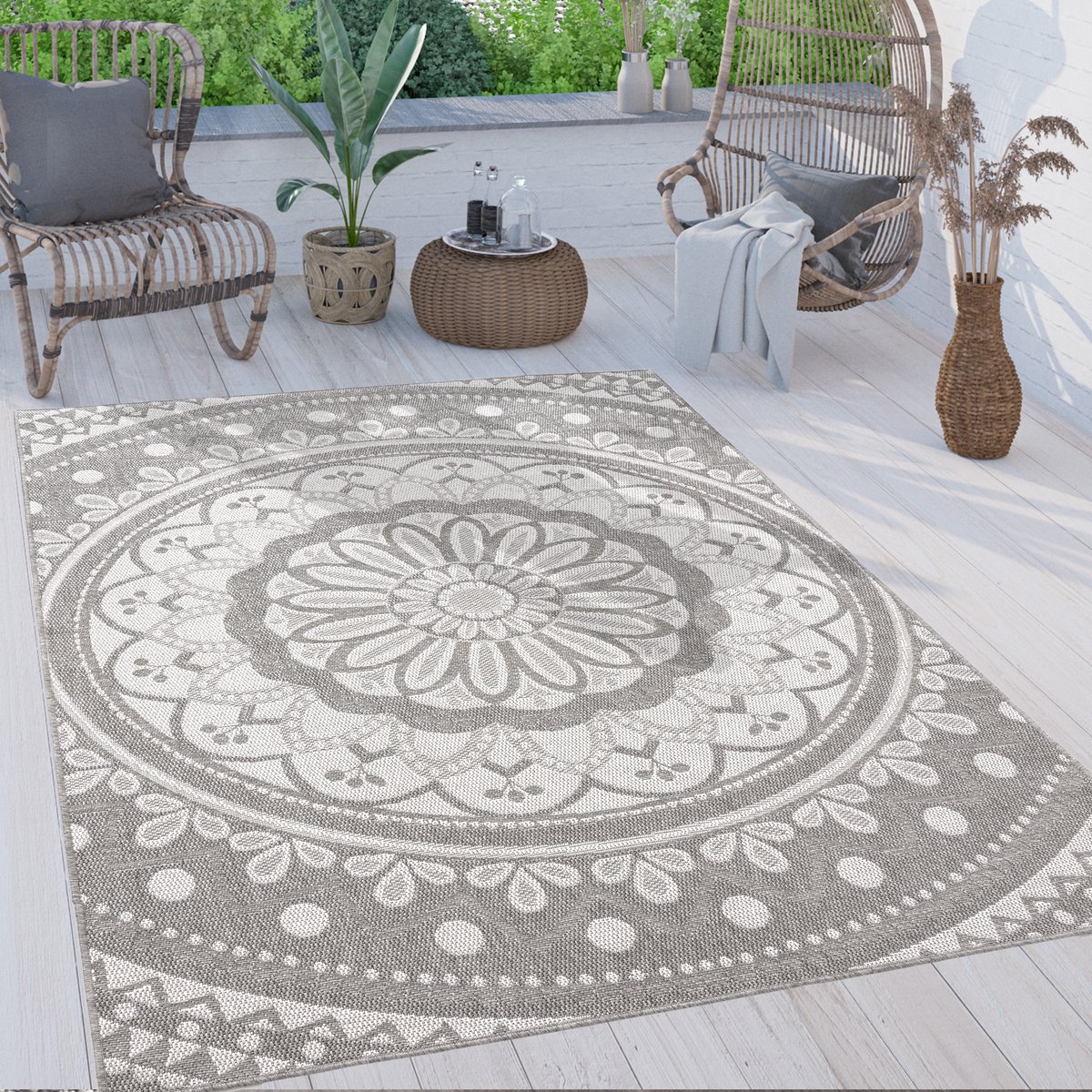 Paco Home Buiten Vloerkleed Tapijt Binnen En Buiten Balkon Oosters Patroon Boho Grijs Wit 60x100 cm
