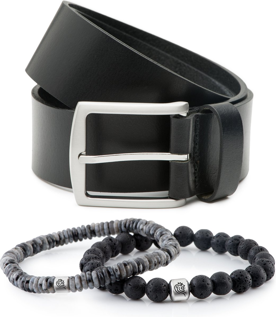 DTCH.FIT Kralen armband Chase Black one size & Leren riem Levi Zwart - 4cm breed - 105cm - Totale lengte 120cm