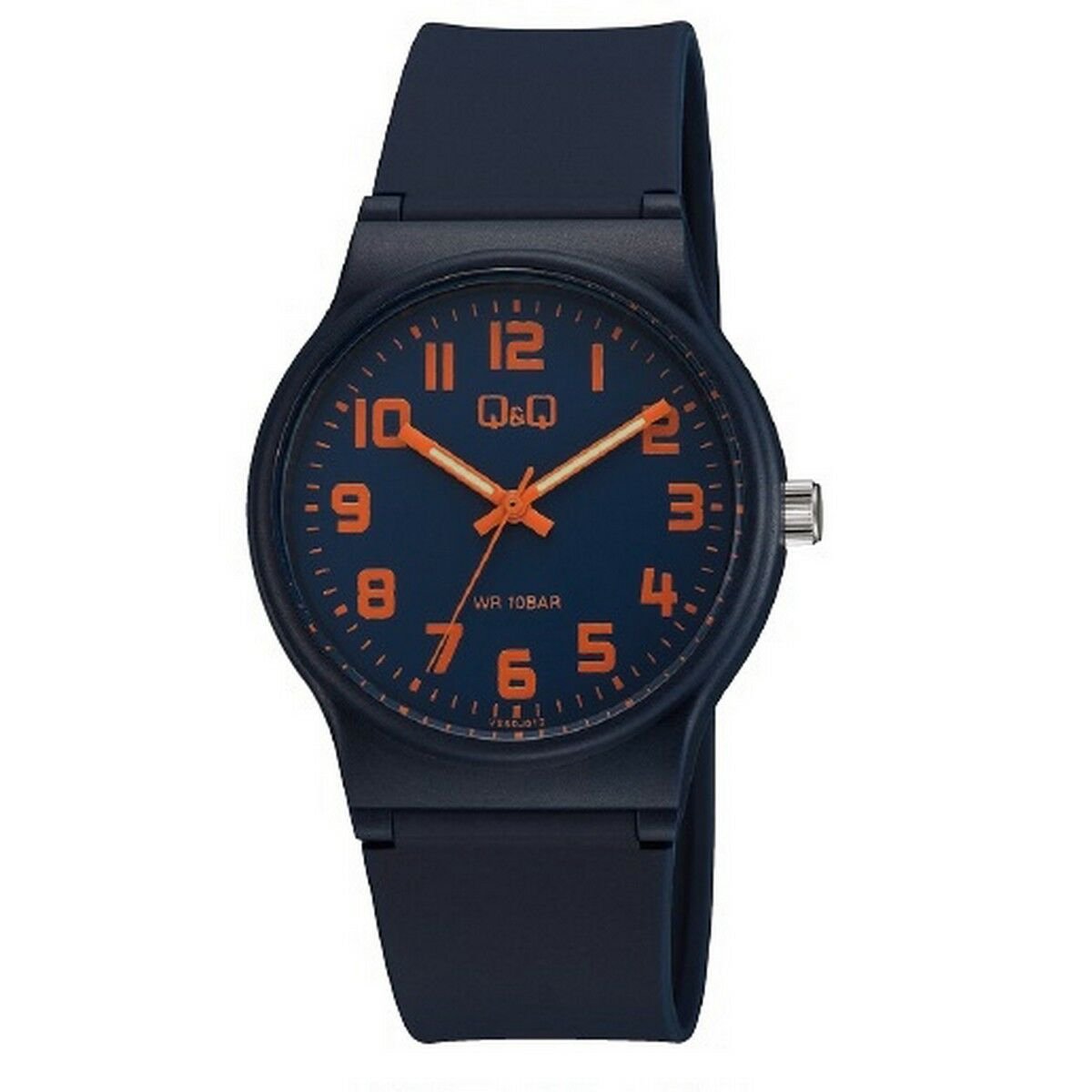 QQ VS50J012Y - Horloge - Sport - Analoog - Unisex - Plastic band - Rond - Cijfers - Kunststof - Donkerblauw - Oranje - 10 ATM