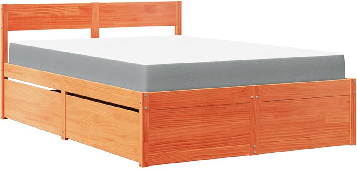 vidaXL - Bed - met - lades - en - matras - massief - grenenhout - wasbruin - 120x190 - cm