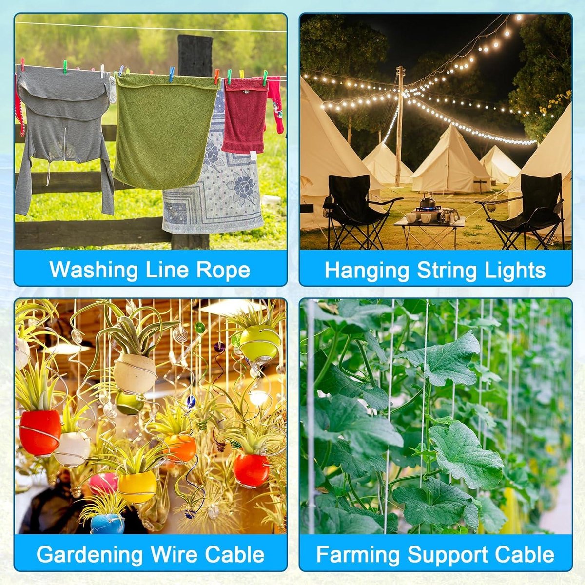 Yimomoyi 30 m Waslijn Touw - Zware Stalen Kern, Sterke Draad 4 mm Dia, Lang voor Buiten Tuin, Roestvrij en Waterdicht (Blauw