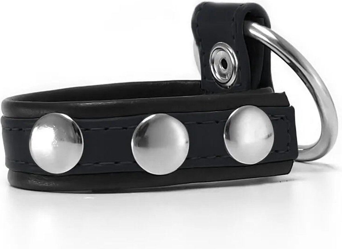 Goedkoopste Black Label - Leren Cockstrap met Metalen Penisring - Zwart