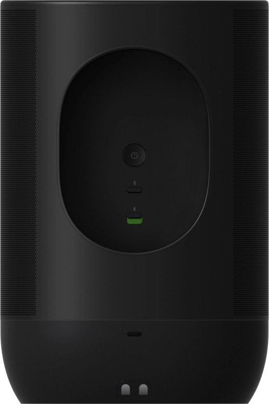 Zwarte Sonos Move speaker, achterkant met handgreep, met oplaadindicator.