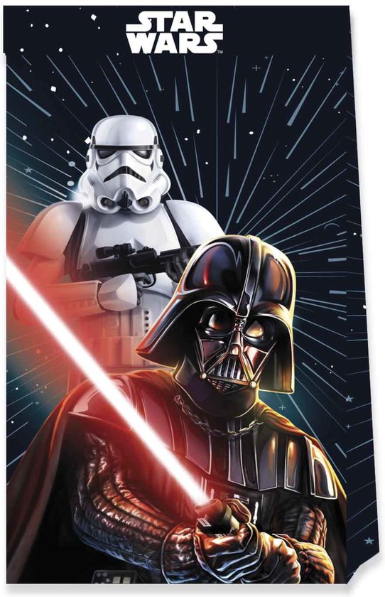 Darth Vader met een rood lichtzwaard en een Stormtrooper op een donkere achtergrond met Star Wars logo.