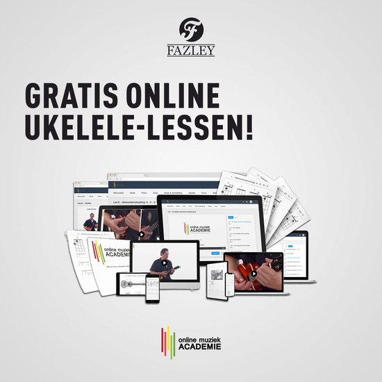 Collage van laptops en schermen waarop online muzieklessen worden gegeven, met logo's van Fazley en Online Muziek Academie. Tekst: Gratis online ukelele-lessen!