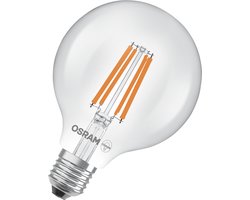 Osram LED lamp in classic Edison shape, with decorative LED filament, energy efficiency class A, E27, 5 W, 1055 lm, 4000 K, cool white. 100% light straight away, with no warming up. Low flickering