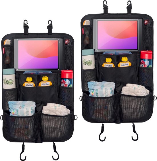 Protège-siège Voiture Avec Tablette Et Poches - Pour IPad Jusqu'à 10,1" - Dimensions 58x43 Cm - Motif Fleurs Grises/rouges
