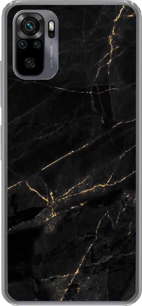 Telefoonhoesje Geschikt voor Xiaomi Geschikt voor Redmi Note 10S hoesje - Marmer print look - Luxe - Zwart - Goud - Siliconen Telefoonhoesje Telefoonhoesje