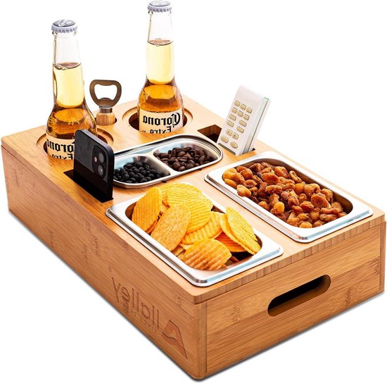 SOUTHGATE Couchbar Snackbox mit fächern, Couch Tablett Armlehne, Couch Bar mit Getränkehalter und Snackschalen, Sofa Butler mit Abnehmbarer Deckel, Couch Organizer Holz, Geschenk zum Einzug für Manne