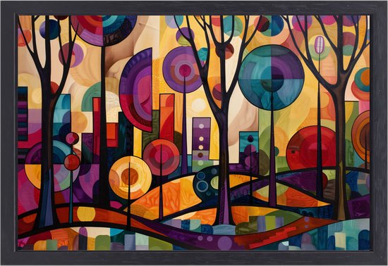Tableau abstrait géométrique avec arbres et cercles aux couleurs vives, dans un cadre noir.