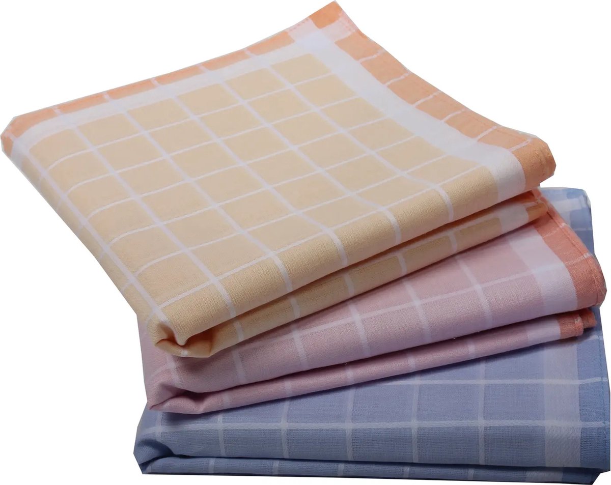 Swan 12 stuks Dames zakdoeken Ruit - Katoenen stoffen zakdoeken - blauw/roze/geel / 35x35